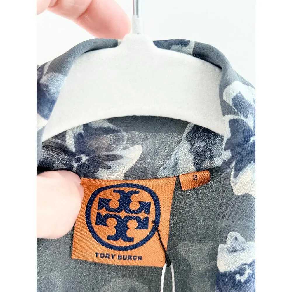 Tory Burch 100% Silk Floral Long Sleeve Blouse with Tie Neck Detail Blue White 2